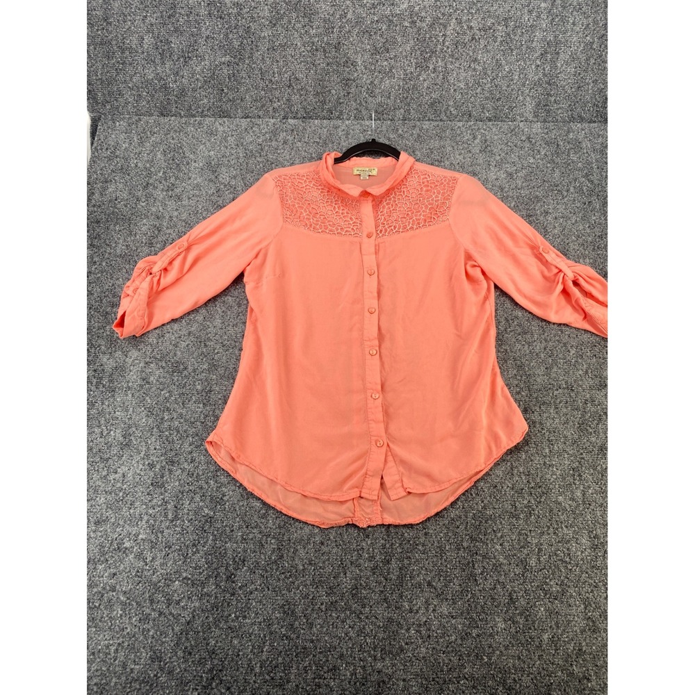 One World Crochet Lace Yoke Blouse Womens Medium Coral Pink Roll Tab Sleeve Top